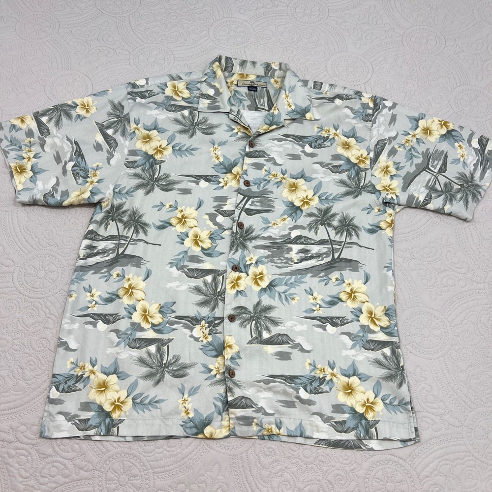 Tommy Bahama Mens Large Silk Hawaiian Shirt Sage Green Tropical Floral Island - Picture 2 of 7